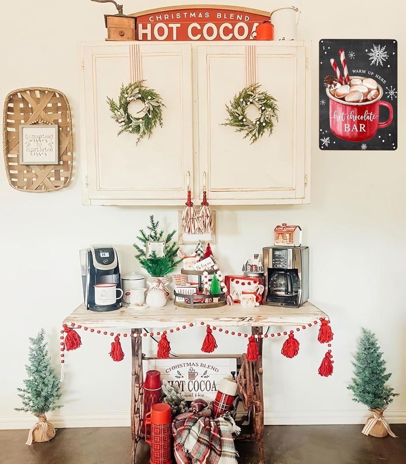 Joyline Vintage Christmas Decor Gifts Rustic Hot Chocolate Bar Warm Up Here Tin Sign for Home Farmhouse Kicthen Cafe Bar Wall Decor 8 x 12 inches (3235) - Image 5